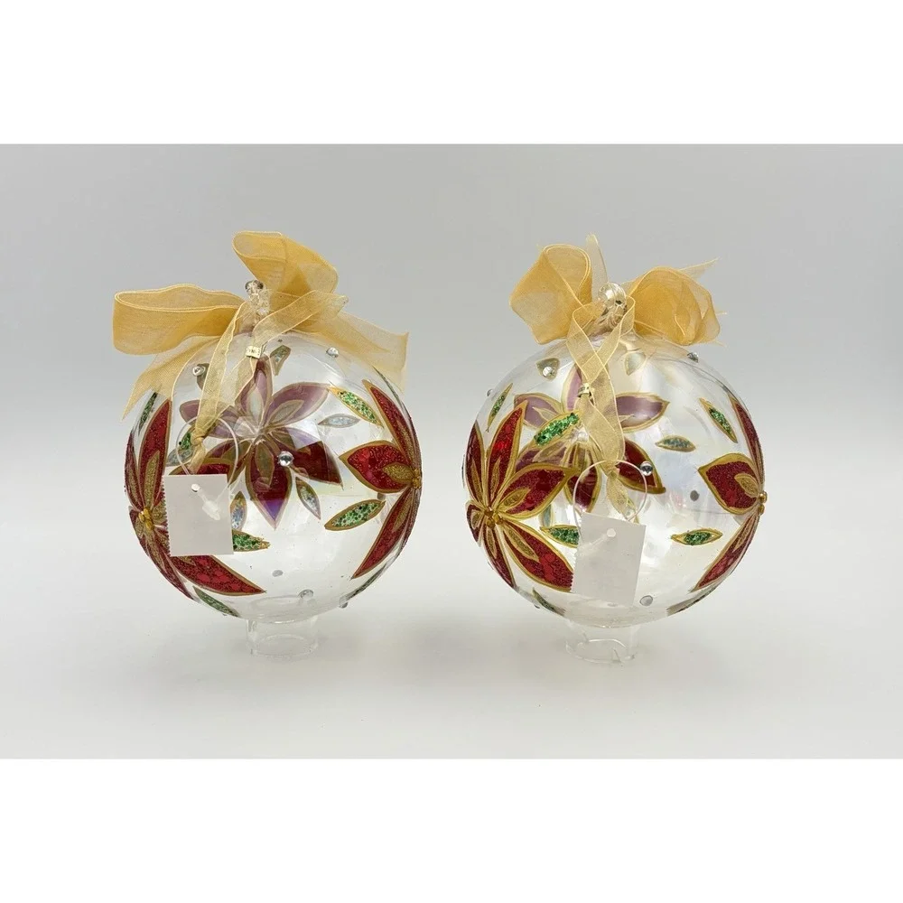 VTG Dillards Trimmings Blown Glass Christmas Ornaments Set 2 Red Poinsettia Gold